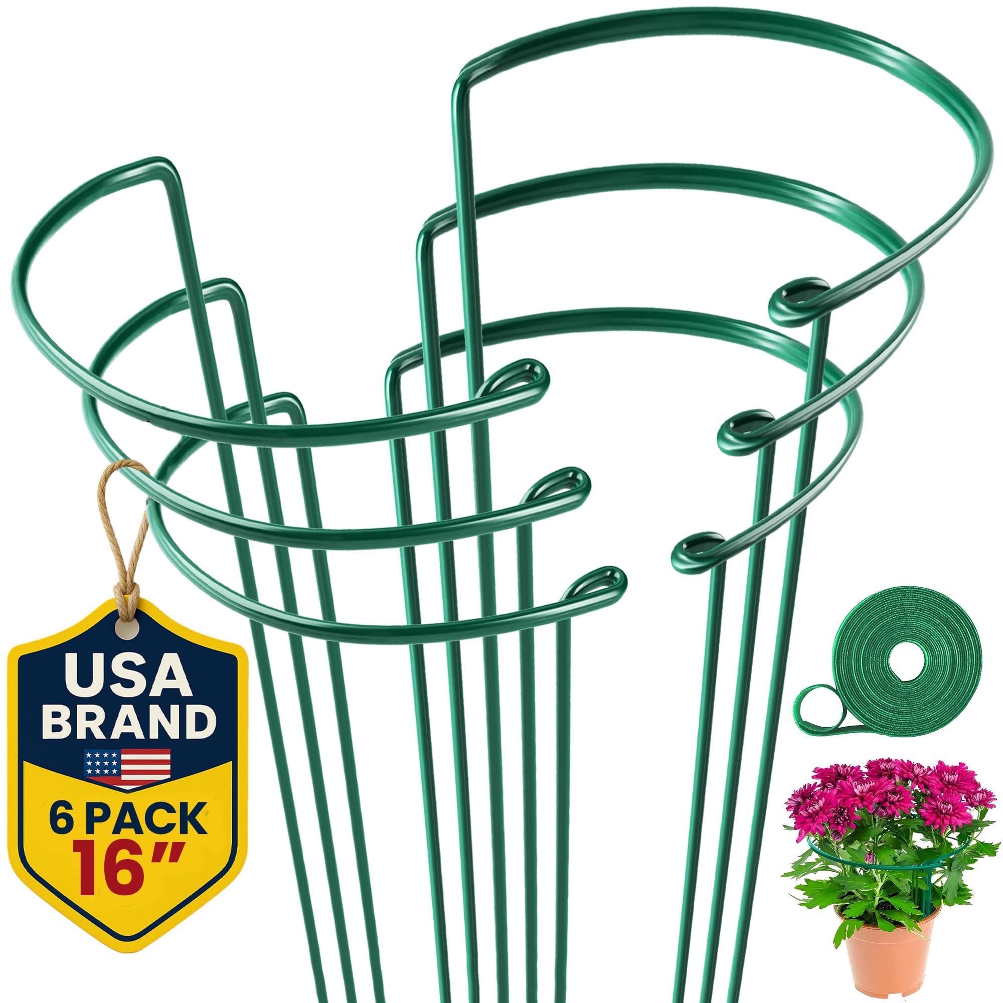 Tall Plant Support Stakes for Indoor and Outdoor - Peony Cages and Supports - Plant Cage Ring for Potted Flower - Peony, Tomato, Hydrangea, Rose Bush 10" W x 16" H (6 Pack)